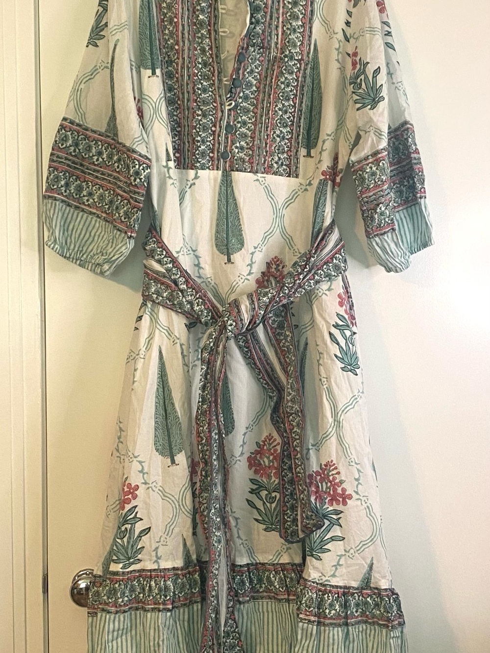 Fox & Hen Boho Maxi Dress in Sage Green, coral, and Cream with sash tie